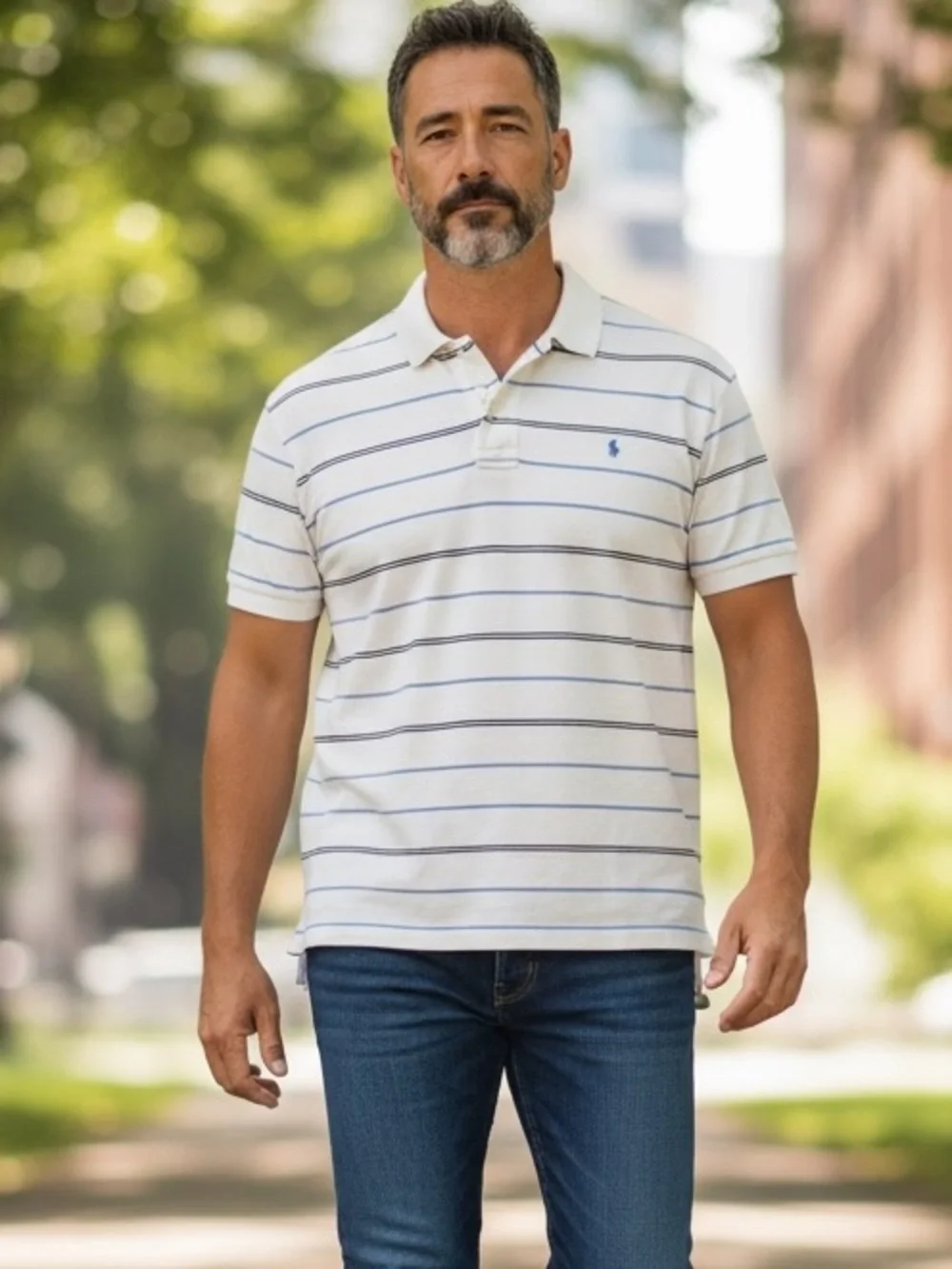 PO330 Mens Polo Ralph Lauren Long Tail Striped Short Sleeve Polo Shirt S